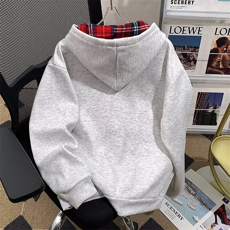 复绒连帽卫衣慵懒风潮复古格子拼接连帽情侣开衫外套WY289-P55,男装卫衣,星座302B-2