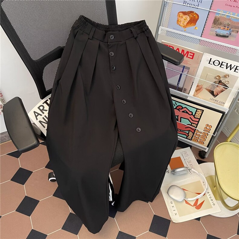 褶皱小西裤男女黑色微喇小众美式廓形纽扣垂感阔腿裤西裤3211P42，男装西裤，星座410-2
