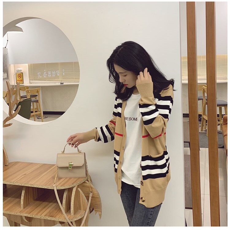 春秋欧洲站羊毛开衫女宽松中长款条纹毛衣外套针织衫软糯百搭上衣,针织衫/毛衣,美莎羊绒