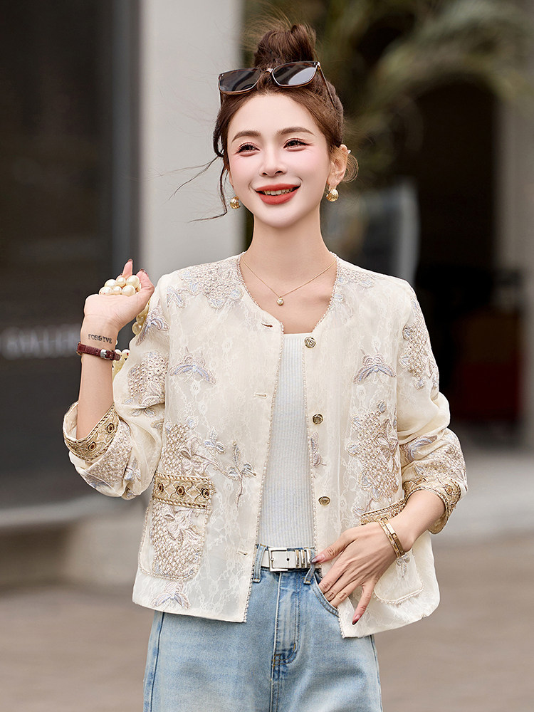 闺舍2025春季新款女装新中式国风缎面外套高级感禅意圆领印花上衣,女装防晒衣,妙形