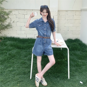 牛仔工装连体短裤女2023夏季新款小个子高腰显瘦气质阔腿连衣裤子图片