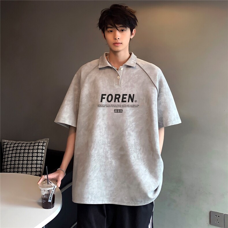 日系复古做旧高级街头cleanfit细闪设计感插肩袖POLO衫T恤T67-P38,男装T恤,电商C307