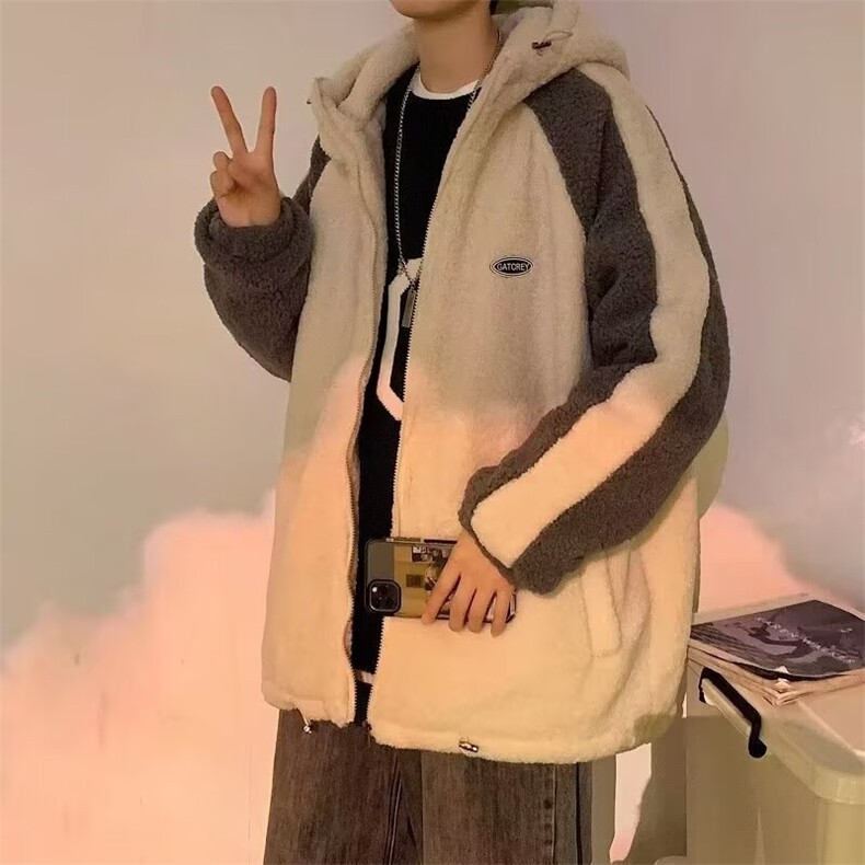 冬季加厚保暖棉衣服男韩版潮流宽松羊羔毛绒港风情侣拼接外套,男装棉衣,星座1013