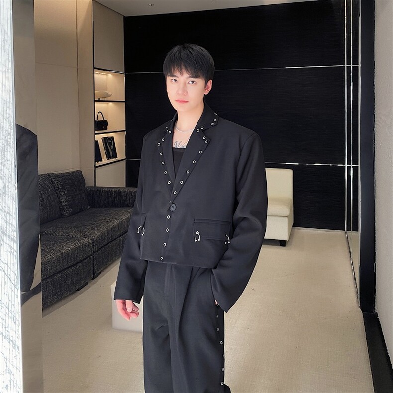 新款潮流圆圈孔眼设计宽松时尚痞帅短款西服外套男A345-317-P140,男装西服,电商A345