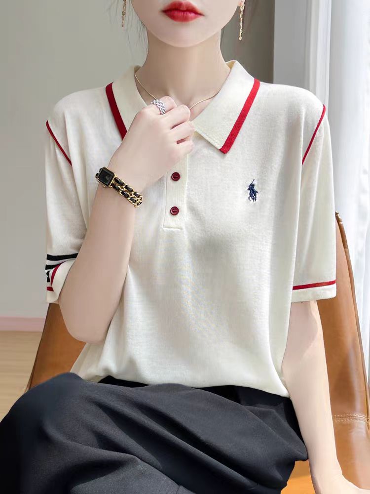 新款POLO领莱赛尔针织短袖女夏季刺绣撞色翻领短袖针织衫图片