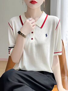 新款POLO领莱赛尔针织短袖女夏季刺绣撞色翻领短袖针织衫图片