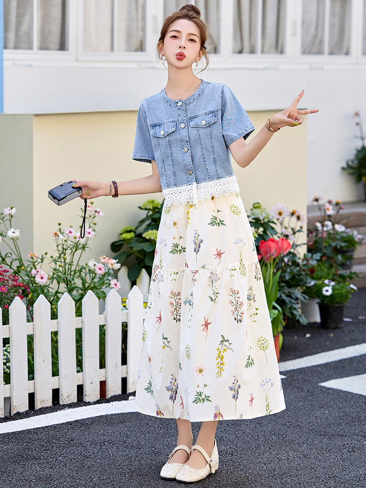 新款现货新中式夏季时尚休闲圆领拼接小上衣半身裙两件套,女装套装/套裙,丽美静依