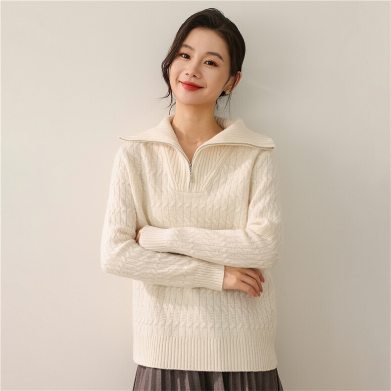 2025年秋季新款百搭半拉链绞花加厚，女装羊毛衫，慕洵羊绒