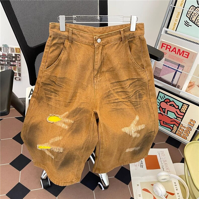 美式复古七分裤男夏季水洗做旧小众直筒宽松牛仔短裤BXK8115P46,男装牛仔裤,星座1013-1