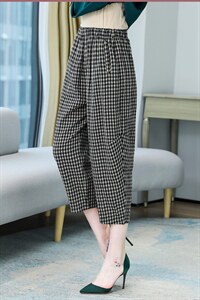 2021年夏季新款千年格休闲棉麻松紧腰裤子图片