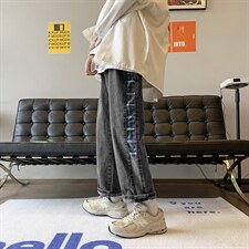 21春季新款港风休闲格子牛仔裤男韩版宽松直筒九分裤子k298-p45图片