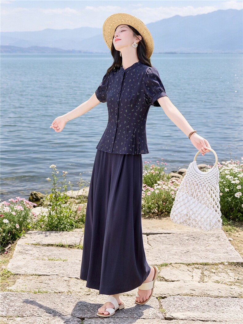碎花小立领收腰小衫配阔腿裤时尚清新田园风两件套,女装套装/套裙,水衣源