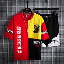 夏装新款青少年运动休闲T恤两件套五分裤短袖套装男F155P55，男装套装，电商A086