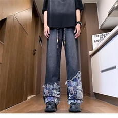 美式复古微喇牛仔裤男2024新款潮牌高街国风小熊刺绣设计感休闲裤，男装休闲裤，星座506A
