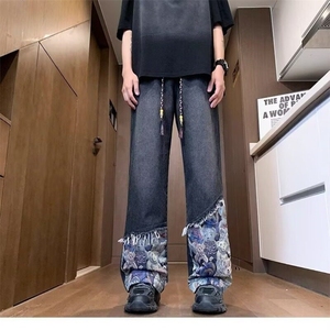 美式复古微喇牛仔裤男2024新款潮牌高街国风小熊刺绣设计感休闲裤图片