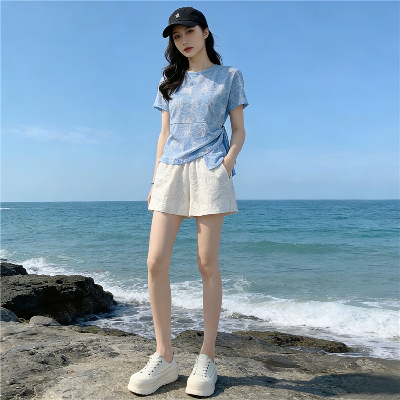 女夏新款时尚减龄套装圆领侧绑带晕染设计短袖上衣蕾丝短裤两件套,女装套装/套裙,江南