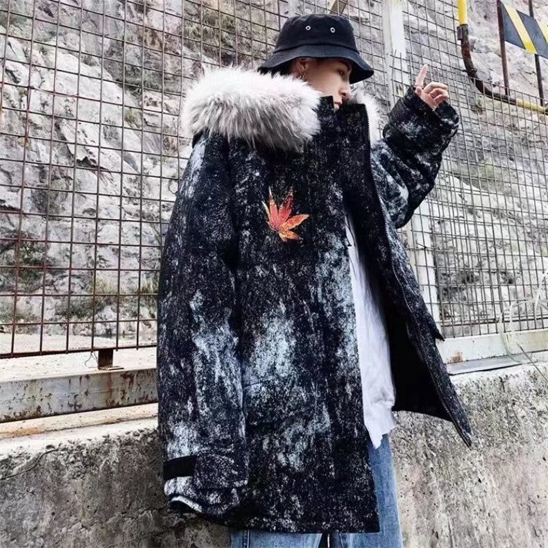 冬季迷彩枫叶大毛领棉衣男女外套潮牌韩版宽松棉服连帽加厚棉袄男,男装棉衣,星座506A