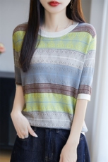 2025夏季新款莱塞尔天丝针织短袖T恤女圆领提花宽松简约通勤上衣，女装针织衫/毛衣，源达羊绒