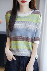 2025夏季新款莱塞尔天丝针织短袖T恤女圆领提花宽松简约通勤上衣图片