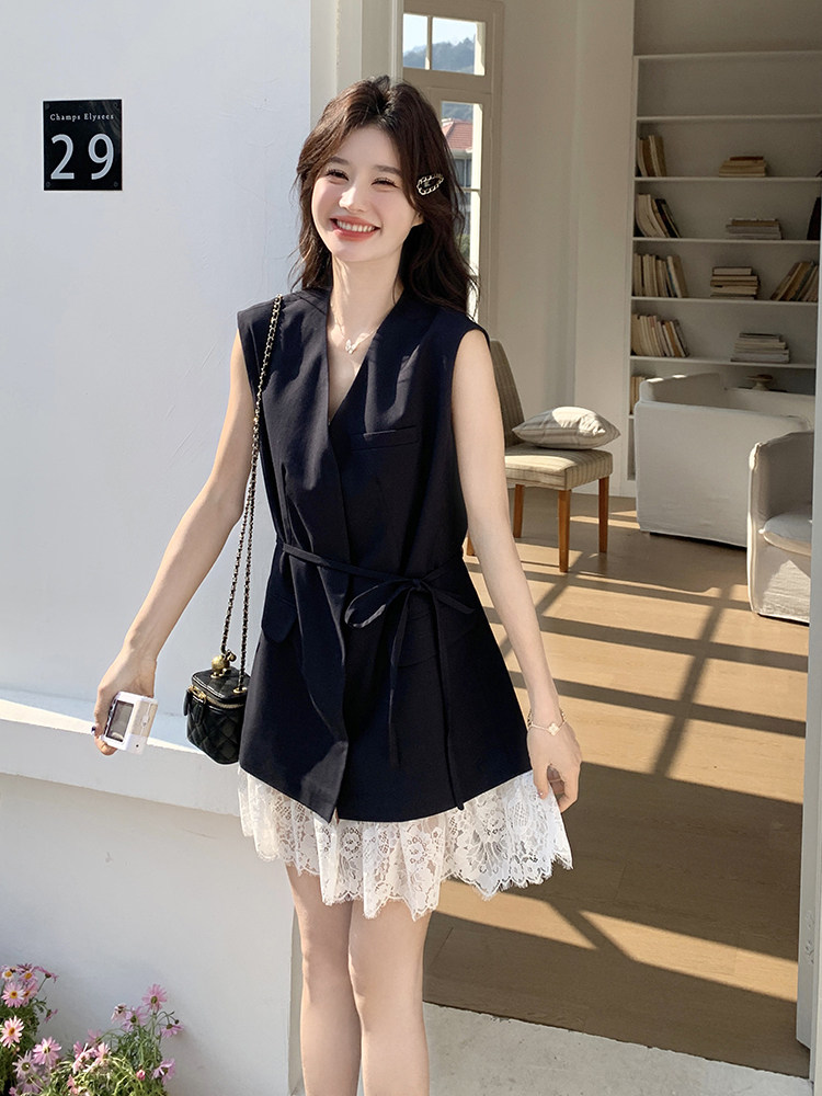 藏青色蕾丝拼接减龄西装裙女2025夏季新款韩版休闲显瘦气质连衣裙,女装连衣裙,浙宝276（原081）