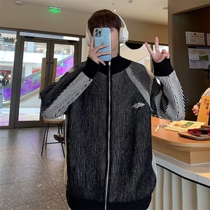 美式复古拉链撞色立领毛衣男女同款宽松水洗开衫外套潮-MY569图片