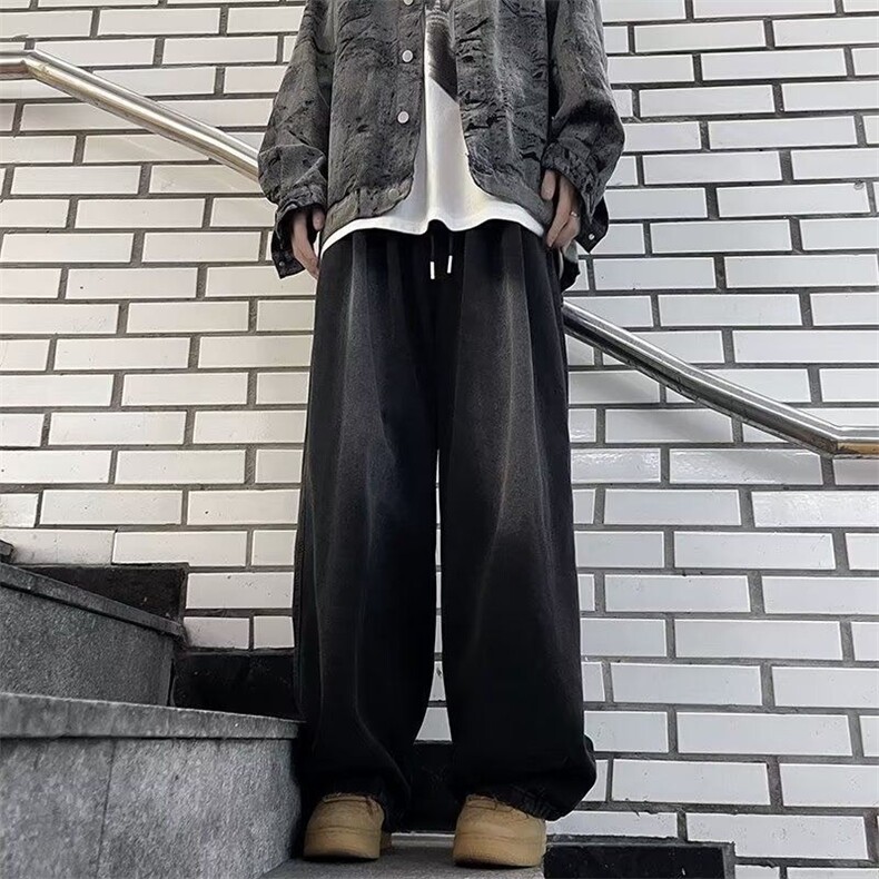 穿搭牛仔裤深色美式复古阔腿裤男潮流百搭oversize裤子秋夏季,男装牛仔裤,星座506A