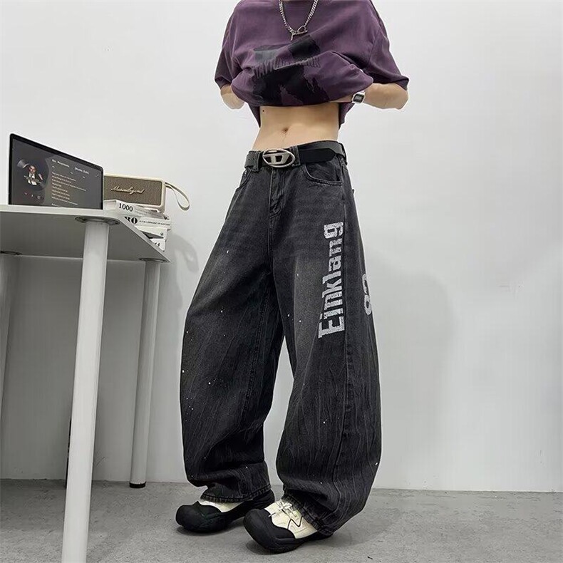 美式复古泼墨水洗灰色阔腿牛仔裤男夏季潮流做旧宽松休闲弯刀裤子,男装牛仔裤,星座218-1（原230）