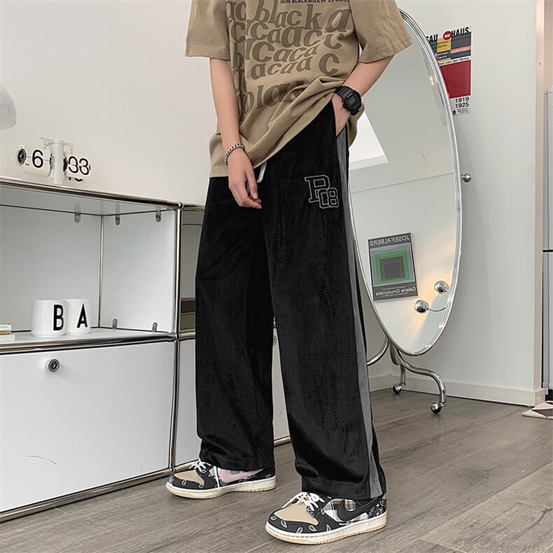 春夏季潮牌拼接丝绒休闲裤男美式高街百搭宽松阔腿裤K6067-P32,男装休闲裤,星座512-2