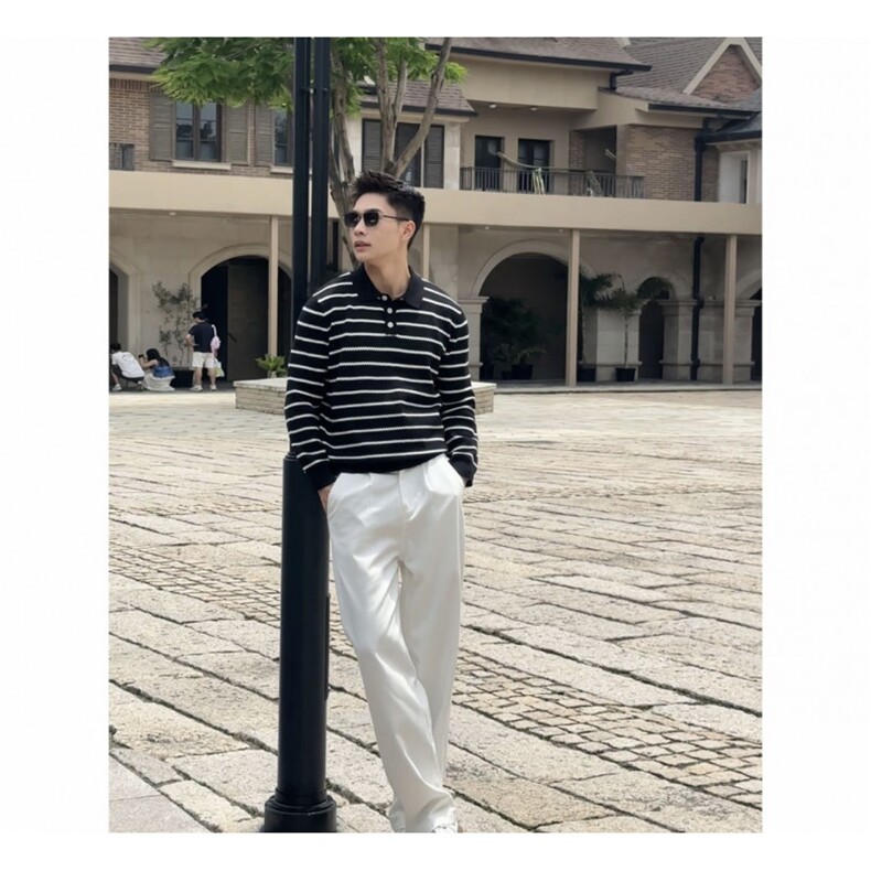 松弛感老钱风黑白条纹针织长袖POLO领套头毛衣F3323/P68,男装针织衫/毛衣,电商A243