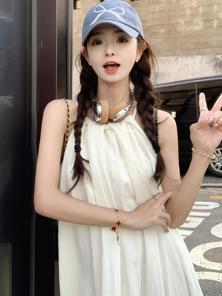 挂脖领露肩无袖连衣裙女夏2024新款设计感麻绳慵懒宽松显瘦长裙子,女装连衣裙,诺蝶