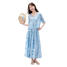 夏季新款现货！2026休闲风宽松版重工刺绣上衣+刺绣大摆半裙套装，女装套装/套裙，央宝儿