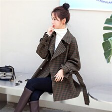 短款2021年秋季96%及以上长袖双排扣自主图聚酯，女装毛呢外套，秋水欣儿