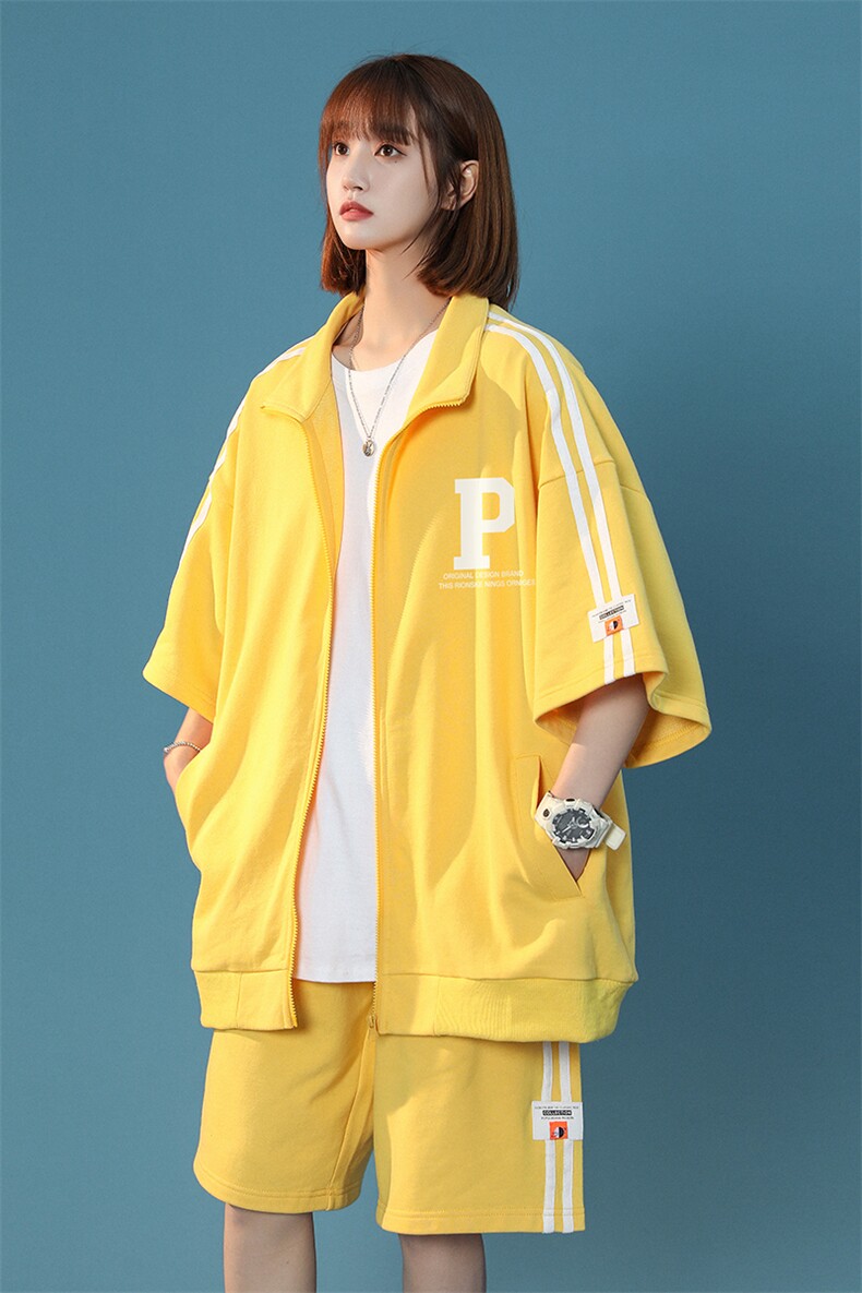 中性2023夏季简约印花短袖运动风开衫T恤套装TZ652P85控108,男装休闲套装,A247A