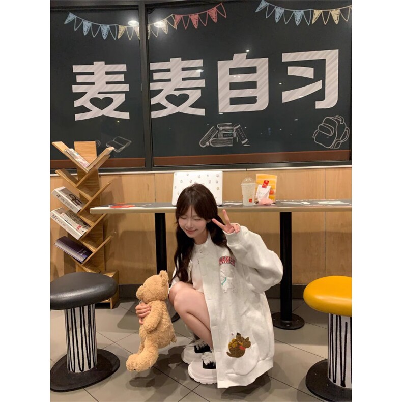 日系卡通小狗毛巾绣圆领卫衣女春秋2025新款慵懒风宽松bf开衫外套,女装短外套,星座516A