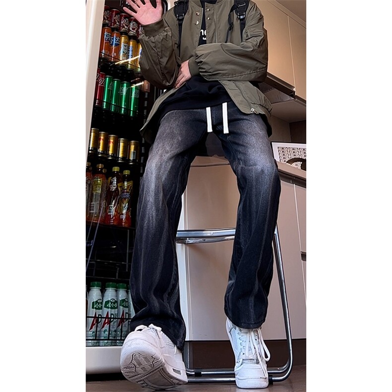 B221美式ins高街暗黑松紧腰宽松直筒牛仔裤LK24213-特P45控78，男装牛仔裤，电商B221