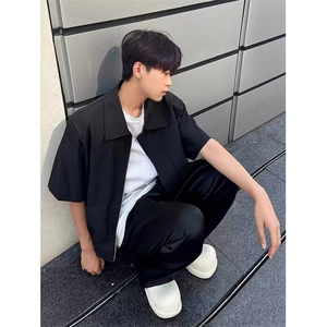 复古短款廓形翻领垫肩衬衫夹克男夏季宽松短袖上衣 J115图片
