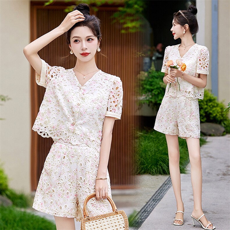 法式小香风镂空蕾丝套装女2024夏季新款小个子洋气减龄短裤两件套，女装套装/套裙，众宇琦