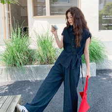 牛仔套装女2025夏季新款休闲随性风时尚短袖衬衫上衣阔腿裤两件套，女装套装/套裙，2C090