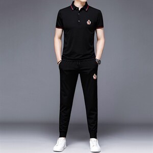 时尚休闲运动套装男气质短袖卫衣束脚休闲裤2件套2023新款POLO衫,男装休闲套装,电商B212（原钱塘6029）