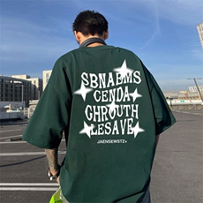 英伦雅痞风字母印花t恤男夏季款小圆领设计落肩袖大码宽松五分袖，男装T恤，电商A486