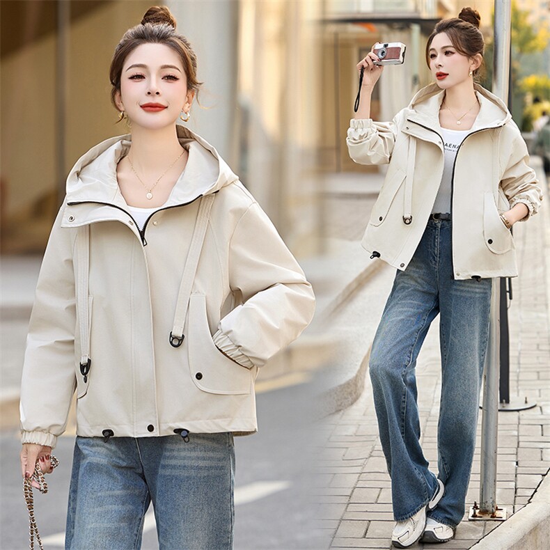 促销2025春季时髦韩版休闲潮流气质宽松显瘦百搭抽绳连帽短外套，女装短外套，今喜