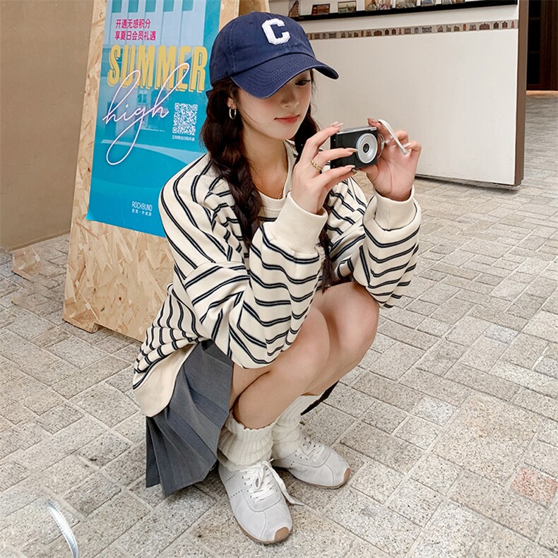 条纹长袖套头针织打底衫卫衣外套女2025春装内搭修身粉色甜美上衣,女装卫衣/绒衫,天使之佳话