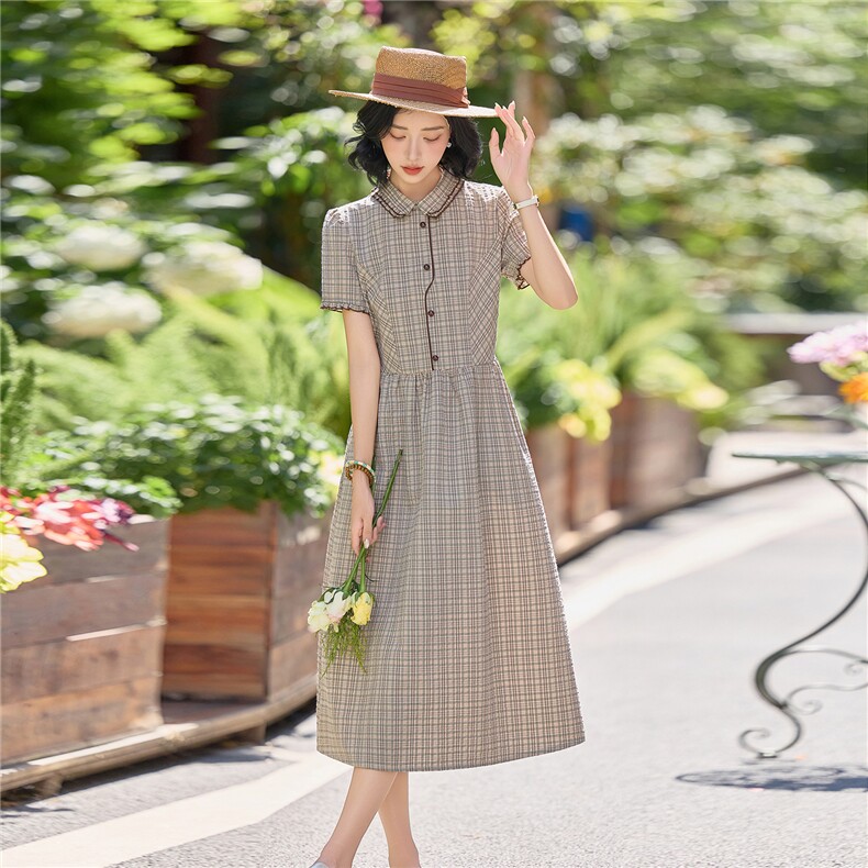 学院风格纹连衣裙女春夏收腰显瘦中长裙格子裙子,女装连衣裙,水衣源