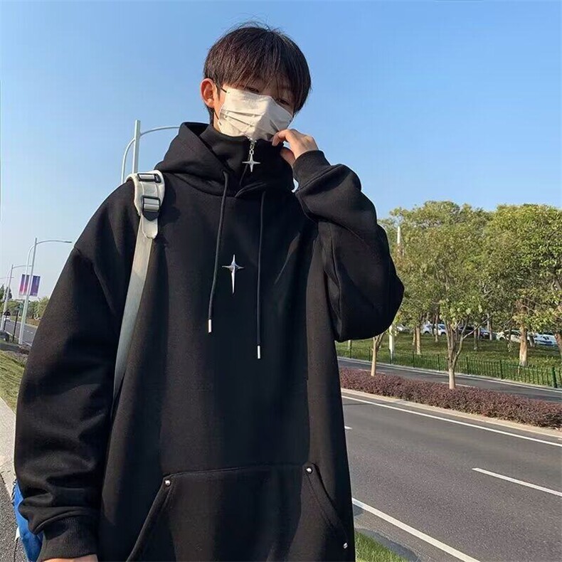 假两件连帽卫衣男春秋冬美式潮牌半拉链重磅男生外套痞帅高领上衣,男装卫衣,星座506A