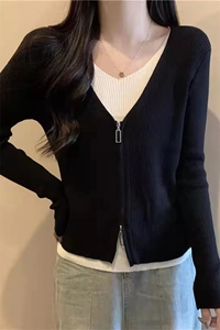 胖MM假两件针织开衫女2024年秋季装新款大码女装设计感内搭打底衫图片