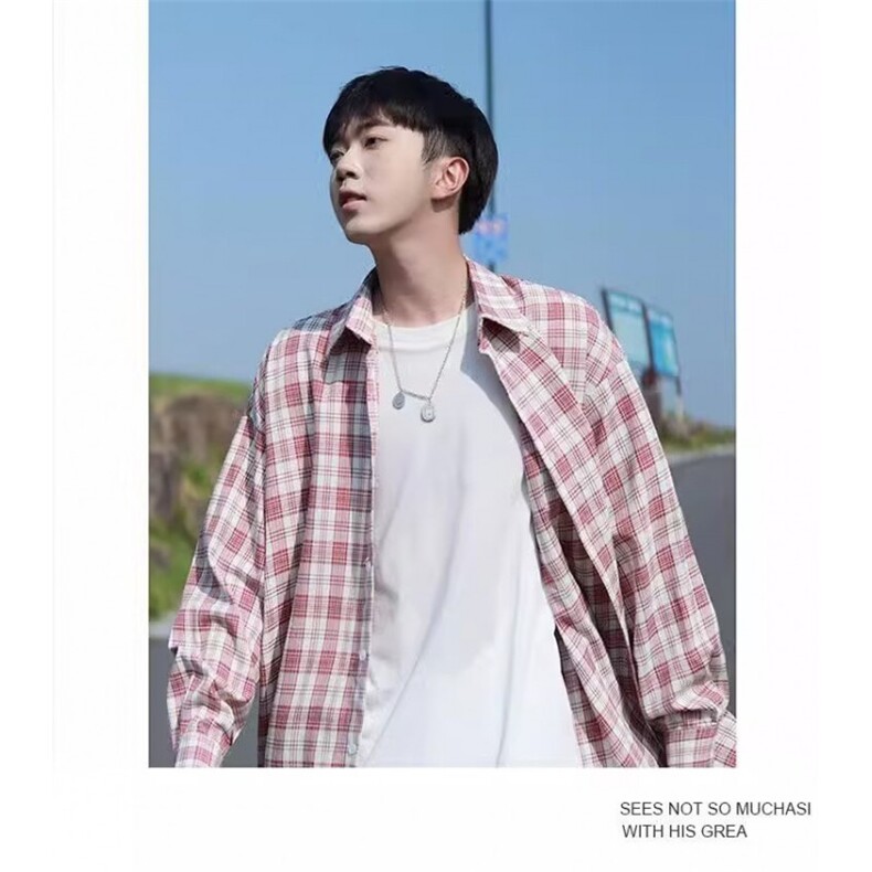 格子衬衫阳光干净男生夏季穿搭薄青少年潮流长袖方领标准ins潮,男装衬衫,星座1210-1