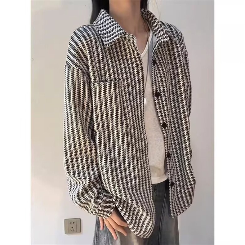 宽松条纹长袖衬衫男女百搭高级感日系打底翻领衬衣休闲潮CSX49,男装T恤,星座516A