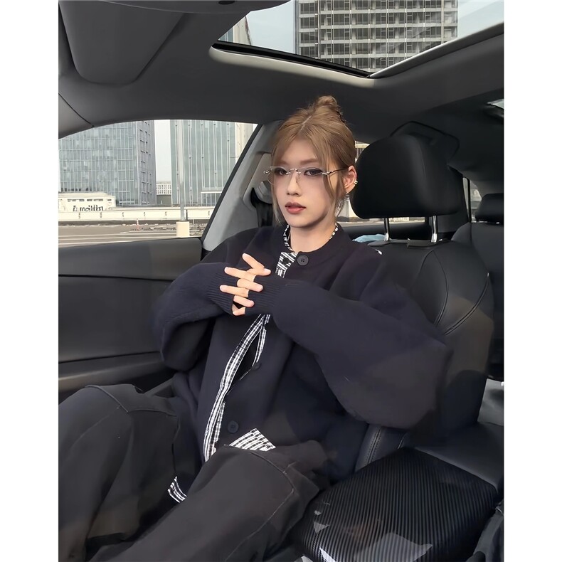 美式假两件格子拼接开衫毛衣男秋冬慵懒松弛感针织衫情侣休闲外套,男装针织衫/毛衣,星座516A