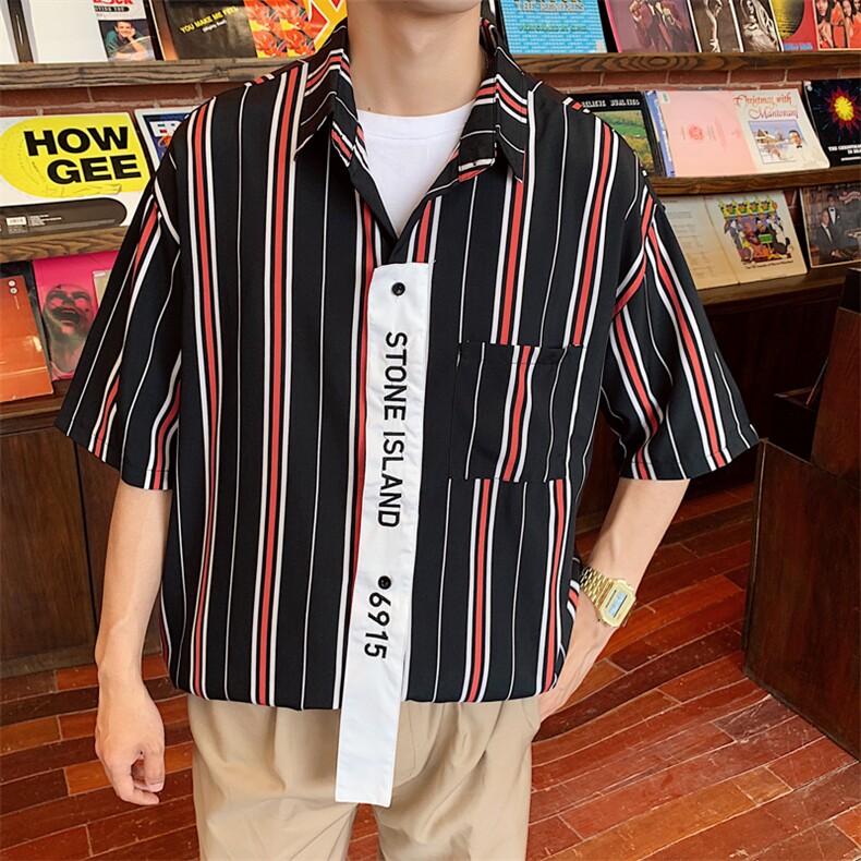 夏季竖条纹短袖衬衫宽松休闲BF风潮流衬衣CS02/,男装衬衫,电商D202