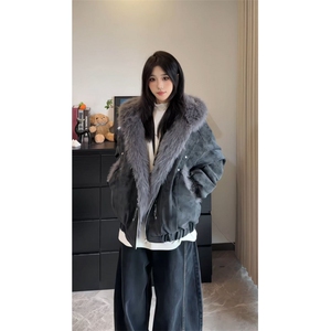 美式长毛座山雕pu皮外套连帽梵古文刺绣棉服男冬季夹棉图片